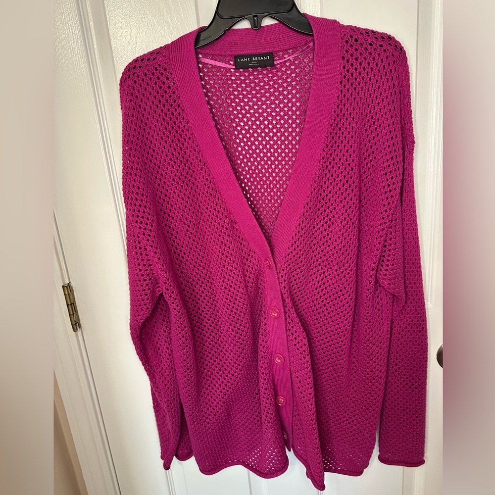 Lane Bryant Womens Cardigan Sweater 2X Pink Mesh Crochet Coquette Cozy Knit